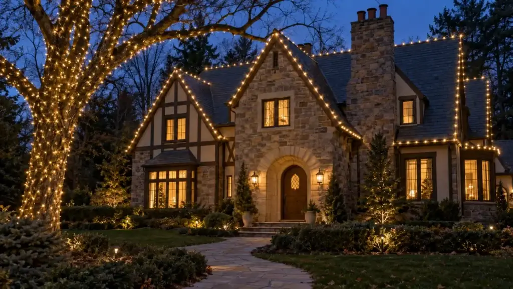 Tudor revival home with a professionally wrapped feature tree and lit roofline