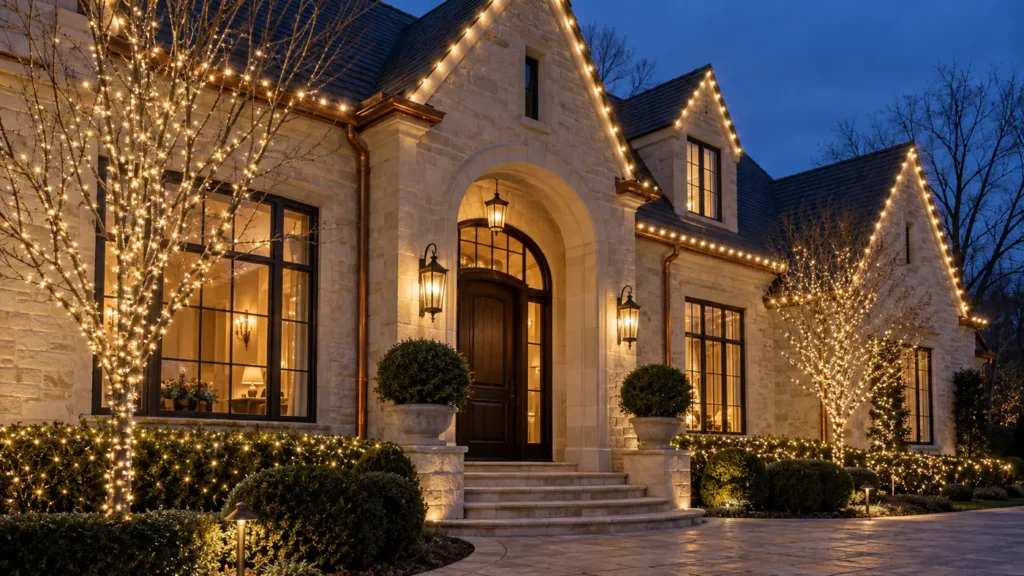 Close detail of a limestone entrance and roofline with professionally spaced warm white bulbs