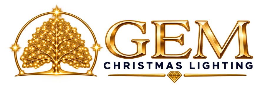 GEM Christmas Lighting logo: gold illuminated tree in an arch beside the GEM wordmark